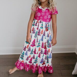 Kids Fuchsia Tree Holiday Christmas Lounge Gown 5/6